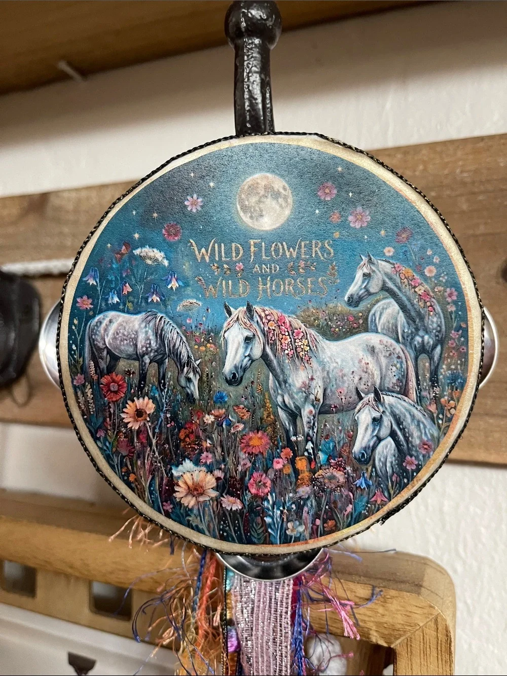 Wild Flowers and Wild Horses Tambourine Wall Hanging - Teal Floral Horse Art